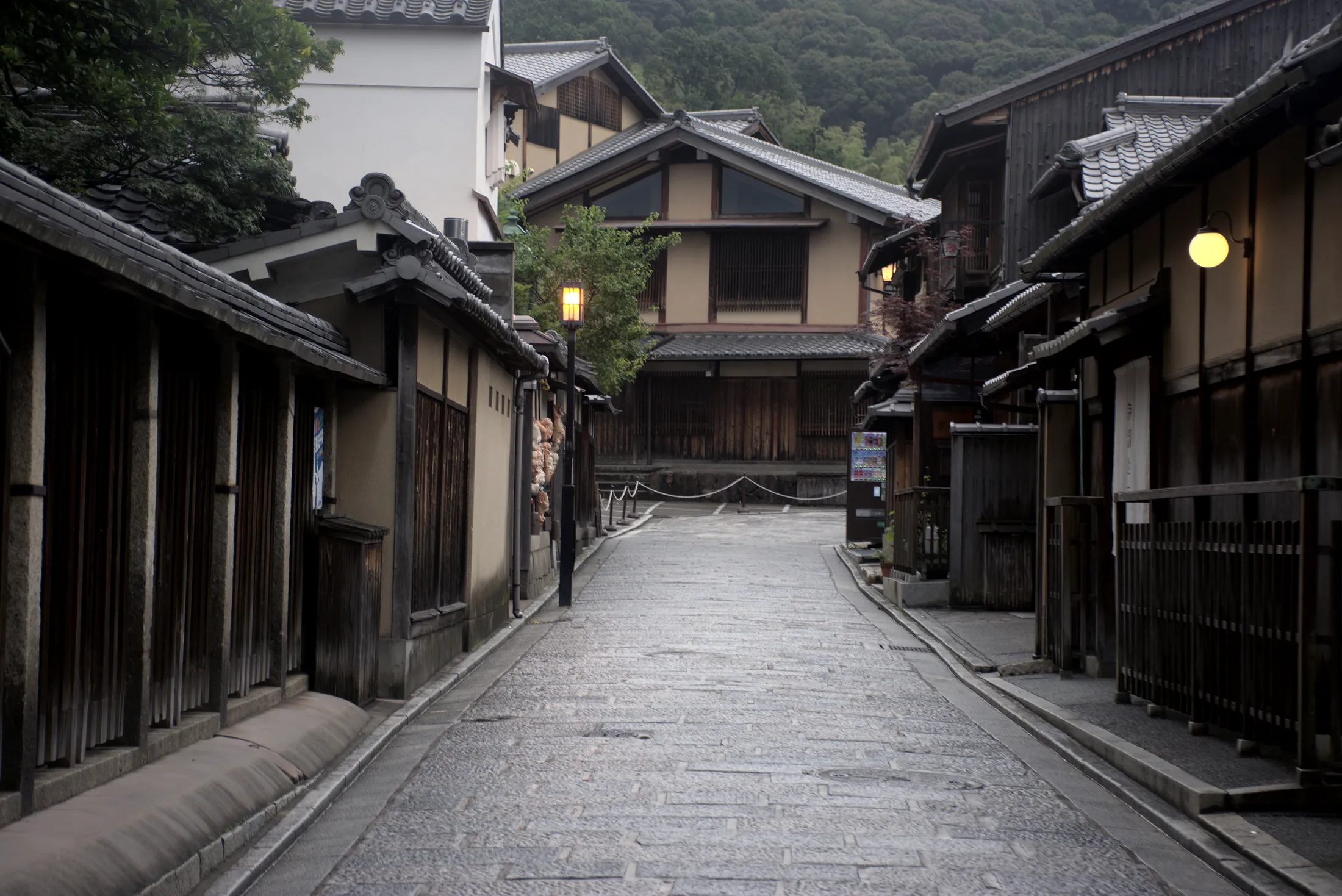 薄暮の京都、石畳の坂道に灯りがともる町並み